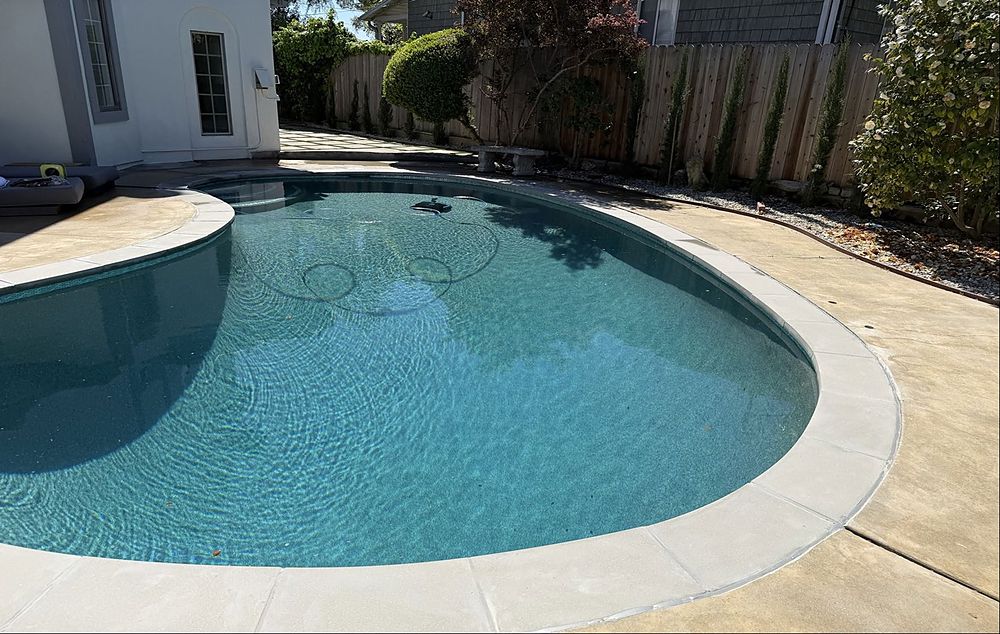 Backyard pool remodeled by ASJEM Pools with a PebbleTec finish and new coping